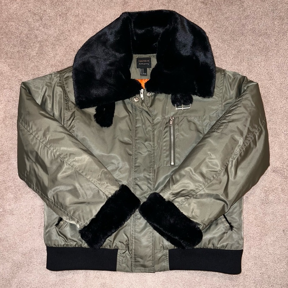 Forever 21 Army Green Bomber with Black Fur Collar and Wrist Detail